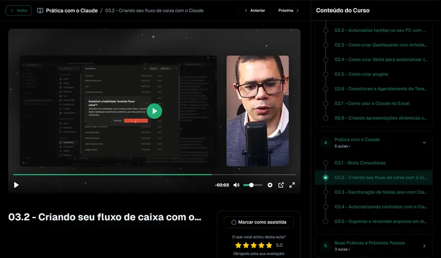 Aula 03.2 na área de membros: o fluxo de caixa sendo criado com o Claude, com o instrutor na tela