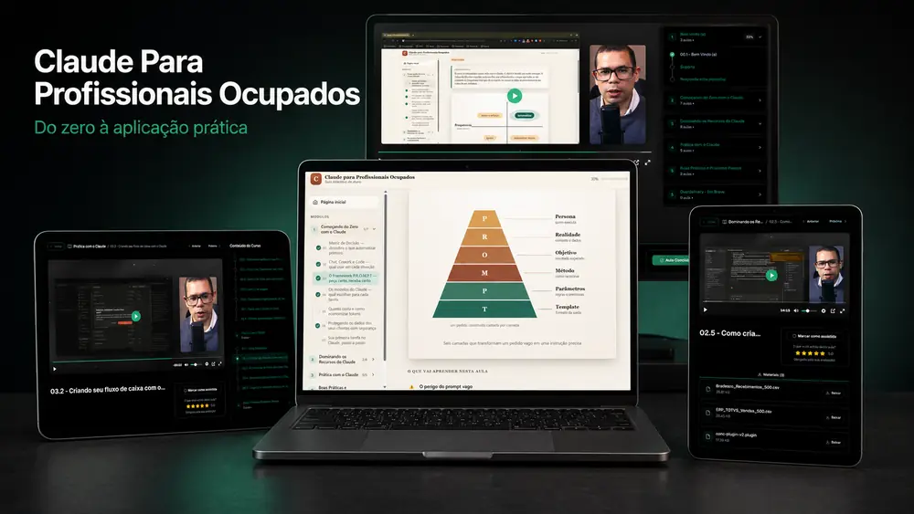 Curso Claude para Profissionais Ocupados aberto em notebook, tablet e celular