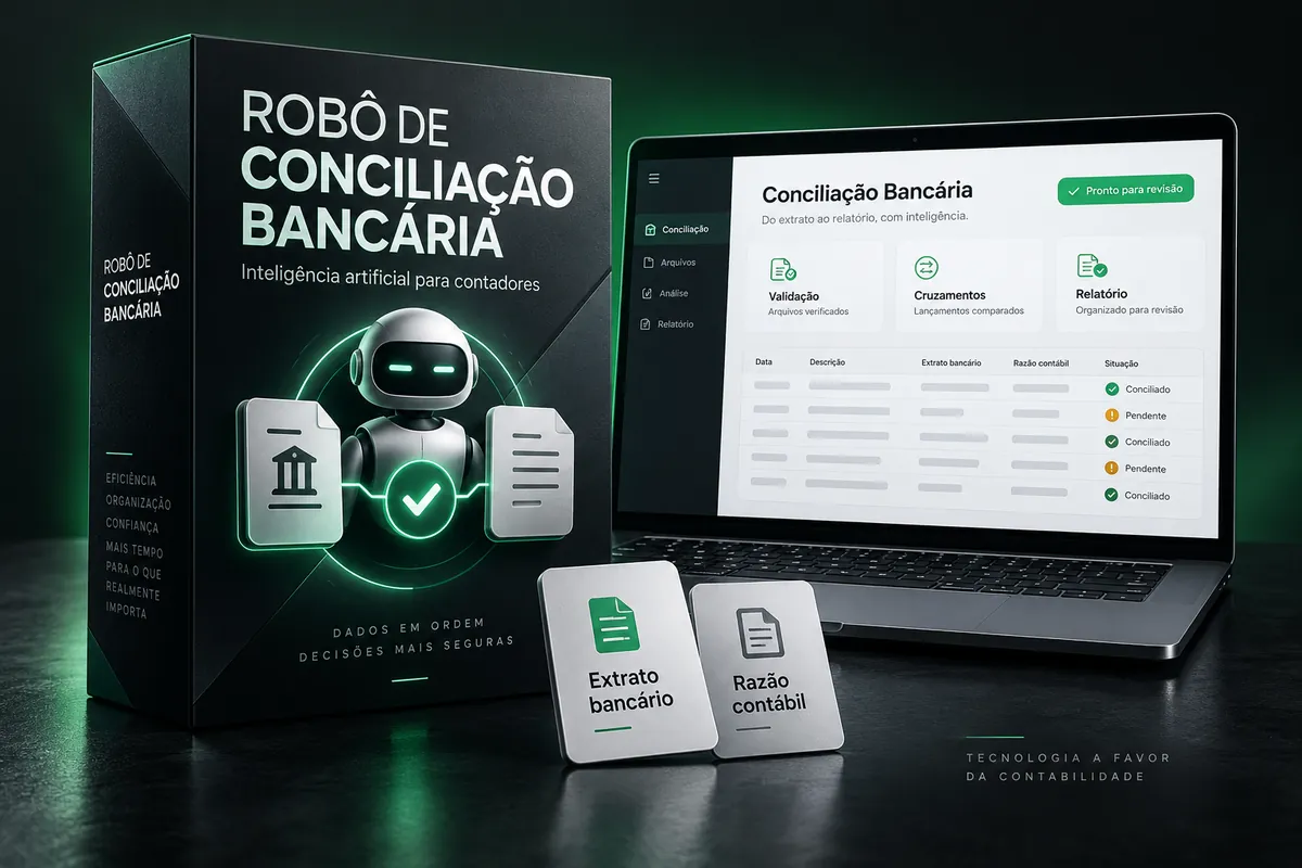 Caixa do Robô de Conciliação Bancária ao lado de um notebook mostrando o relatório de conciliação pronto para revisão, com os cartões de extrato bancário e razão contábil na frente.